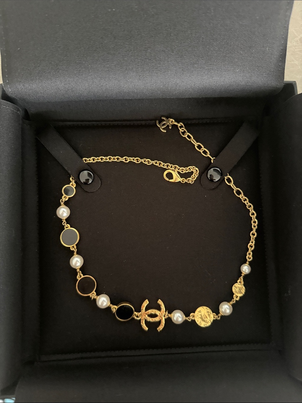 CHANEL Gold-Tone Pearl & Black Logo Necklace